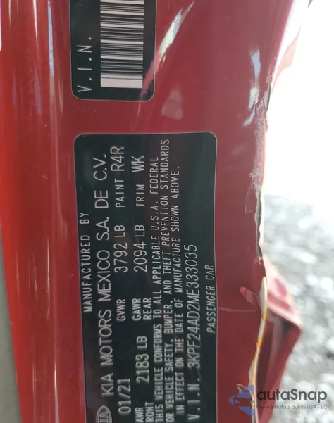 2021 Kia Forte Fe from USA, damaged, VIN 3KPF24AD2ME333035